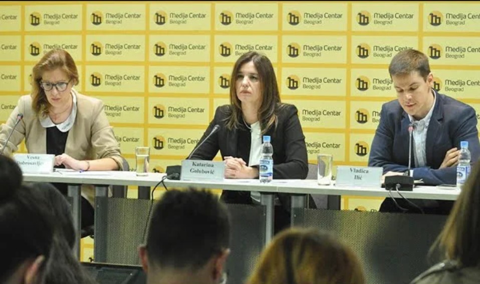 Снимка на екран од видео снимката на преносот од конференцијата за медиуми на граѓанските организации одржана на 8. април во Белград.
