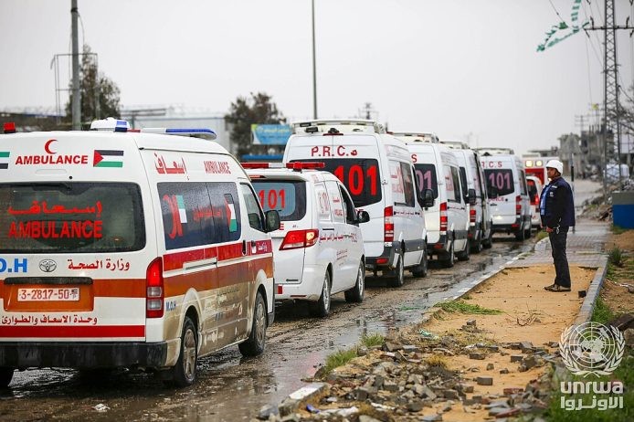 Медицински возила во Појасот Газа близу Рафа, март 2025 г. | Фото: Ашраф Амра (Ashraf Amra, © 2025 UNRWA), CC BY-SA 4.0, via Wikimedia Commons