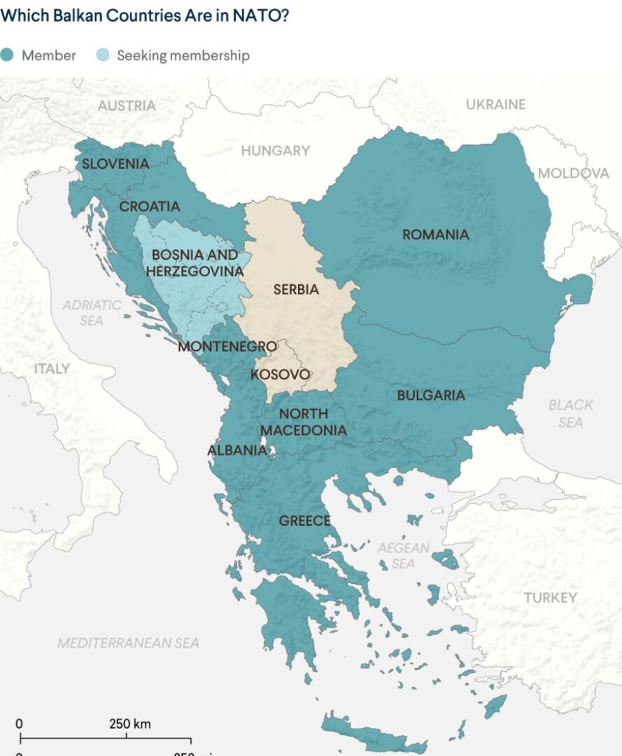 Мапа на Балканот со НАТО и не-НАТО членки 